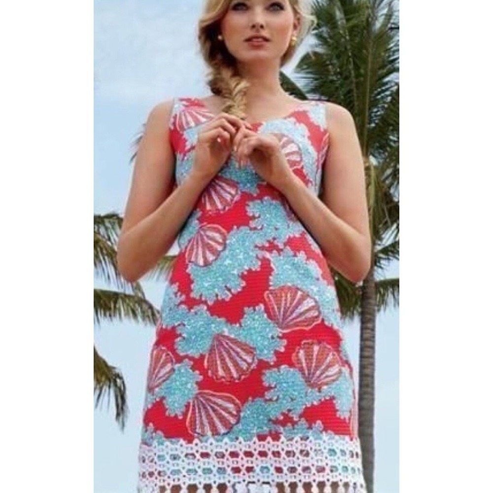 Lilly Pulitzer Red & Teal Sea Shell Sleeveless Dress Sz 4 Excellent Condition